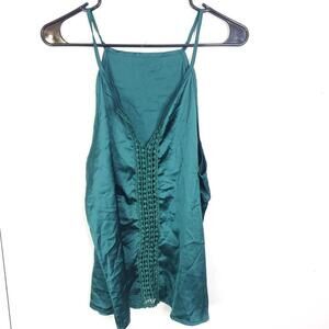 Womens Top V Neck Silky Satin Emerald Delicate Cutout Front Split Seam Tank
